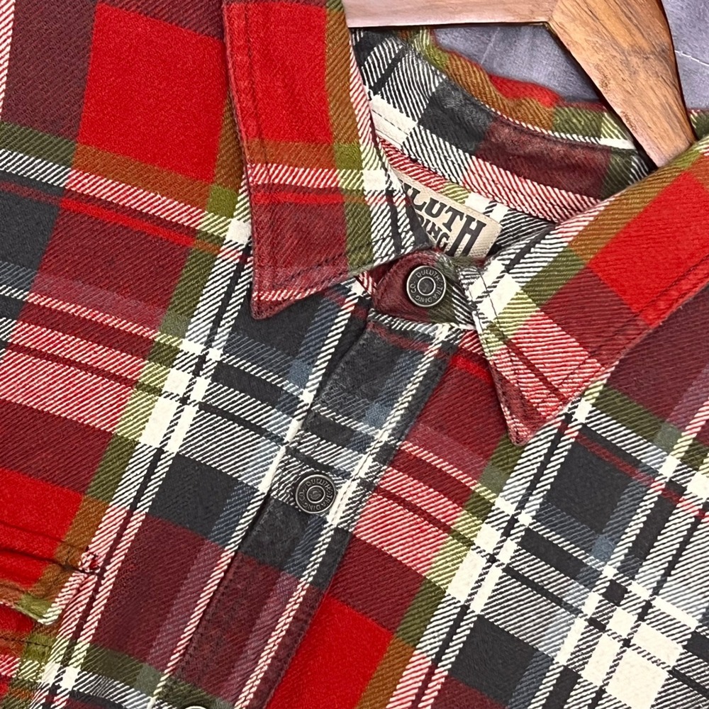 Duluth Trading Co Shirt Jacket Mens 2XL Red Plaid Fleece Lined Flannel Snap